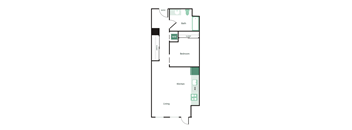 A floor plan of a home with a living room, kitchen, bathroom and bedroom.