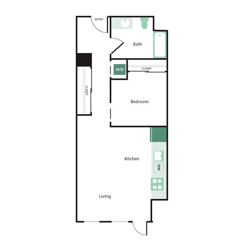 A floor plan of a home with a living room, kitchen, bathroom and bedroom.