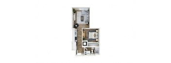 a floor plan of a studio apartment with a bedroom and a living room