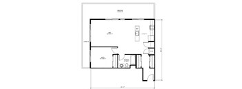 A floor plan of a small apartment with a living room, sleeping area, and bathroom.