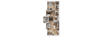 A floor plan of a house with a kitchen, living room, and two bedrooms.