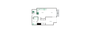 A floor plan of a home with a kitchen, living room, bedroom and bathroom.