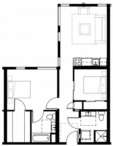 a floor plan of a small house with a kitchen and a living room