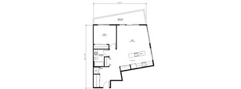 A floor plan of a house with a bedroom, a living room, and a bathroom.
