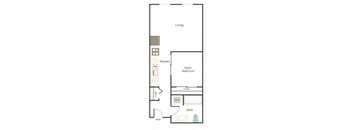 A floor plan of a living space with a kitchen, bathroom, and open bedroom.