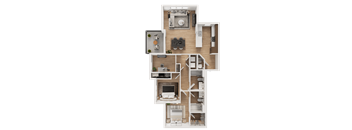 A top-down view of a house layout with a kitchen, living room, two bedrooms, and a bathroom.