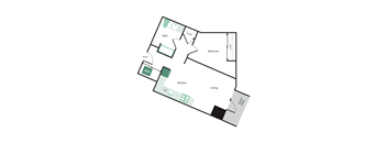 A floor plan of a house with a living room, kitchen, bathroom, bedroom and deck patio.