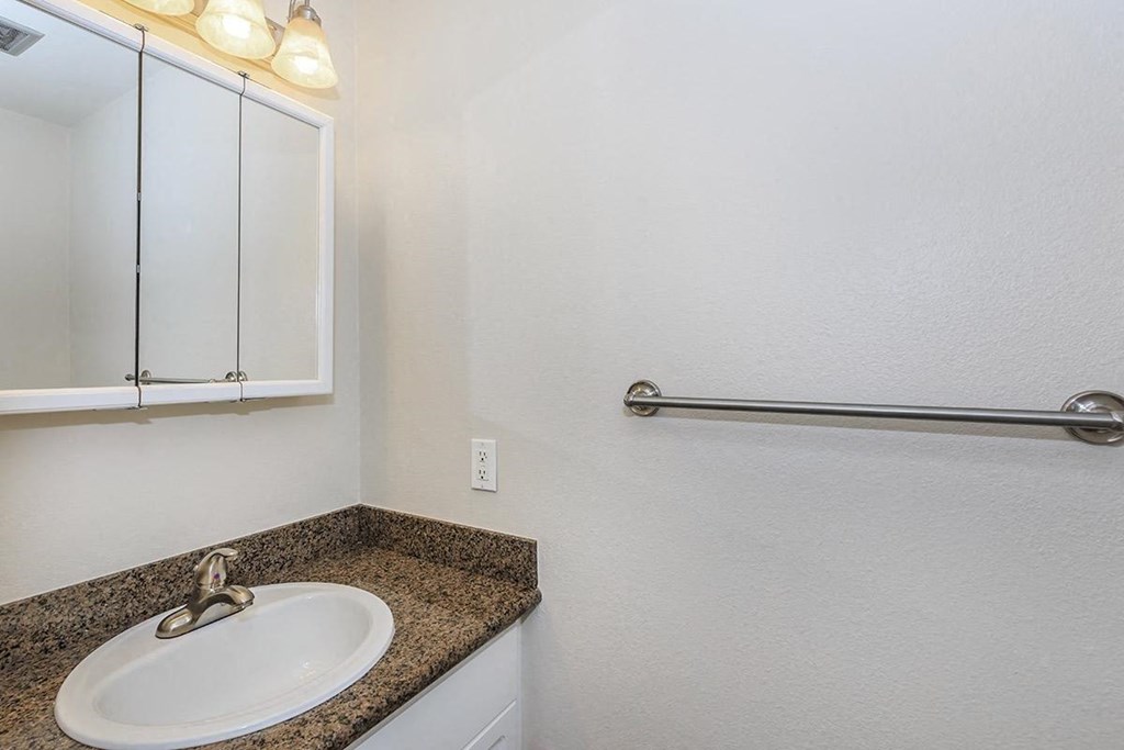 a bathroom with a sink and a mirror