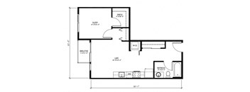 A floor plan of a small apartment with a sleeping area, a living room, a kitchen, and a bathroom.