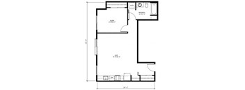 A floor plan of a room with labeled sections for sleeping, living, and a refreshment area.