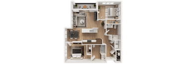 A top-down view of a house layout with a kitchen, living room, and bathroom.