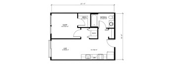 A black and white image of a floor plan for a small apartment.
