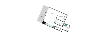 A floor plan of a house with a kitchen, living room, two bathrooms, two closets and a deck/patio.