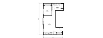 A floor plan of a room with a sleeping area, a refreshment area, and a live area.
