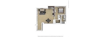a stylized floor plan with a bedroom and a living room