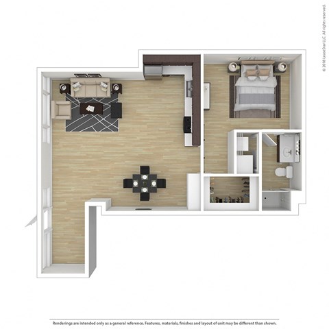 a stylized floor plan with a bedroom and a living room