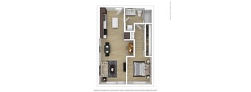 a stylized floor plan with a bedroom and a living room