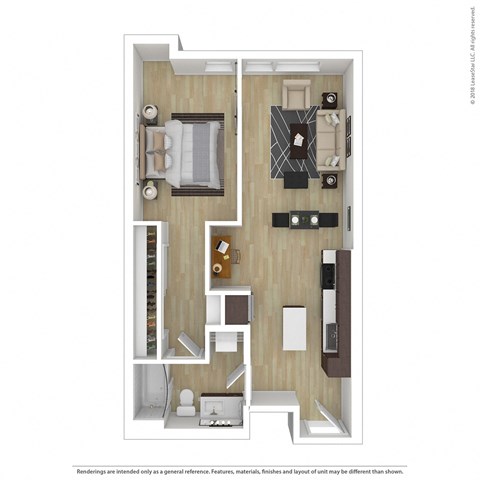 a 1 bedroom floorplan with a bedroom and a living room