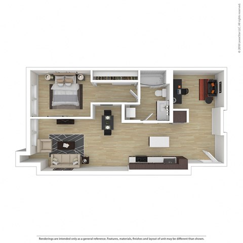 a 3d floor plan of a 1 bedroom apartment