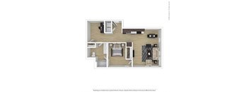 a stylized floor plan with a bedroom and living room