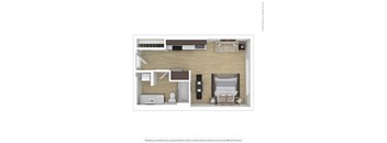 a stylized floor plan with a bedroom and a living room
