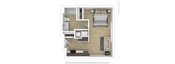 a stylized floor plan with a bedroom and a living room