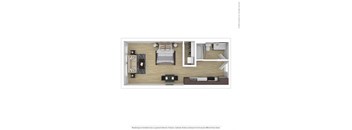 a stylized floor plan with a bedroom and a living room