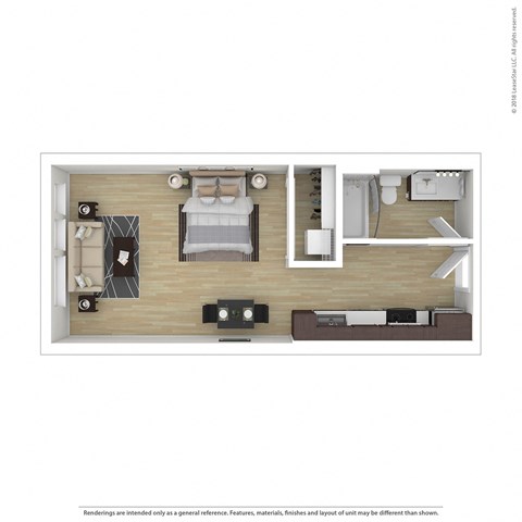 a stylized floor plan with a bedroom and a living room