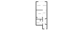A floor plan of a small apartment with a living room, dining room, kitchen, bedroom, and bathroom.