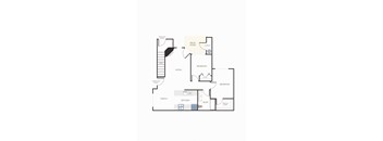 A floor plan of an apartment with two bedrooms, a living room, a kitchen, a bathroom, a dining room, and storage space.