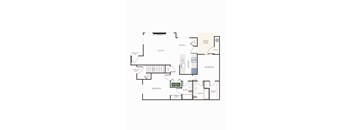A floor plan of a house with a living room, dining room, two bedrooms, a bathroom, a deck patio, and storage.