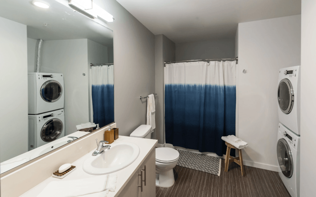 a bathroom with a toilet sink and a washer and dryer