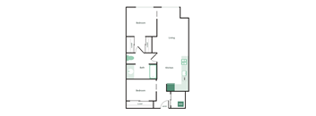 A floor plan of a house with two bedrooms, a bathroom, a kitchen, and a living room.