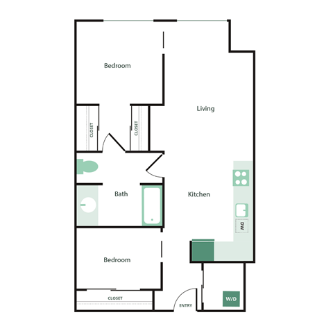 A floor plan of a house with two bedrooms, a bathroom, a kitchen, and a living room.