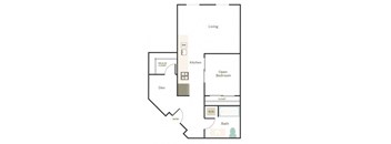 A floor plan of a home with a living room, kitchen, bathroom, and den.