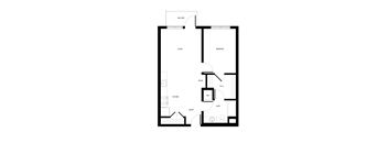 A floor plan of a house with a living room, bedroom, kitchen, bathroom, and a balcony.