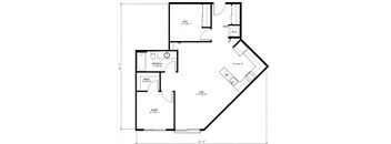 A floor plan of a room with a sleeping area, a dressing area, a bathroom, and a kitchen.