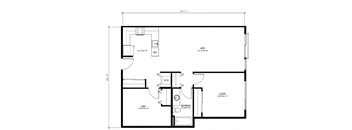 A floor plan of a house with a living room, dining room, kitchen, and bathroom.
