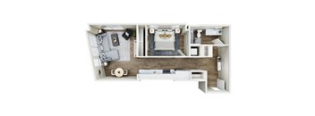 a stylized floor plan with a bedroom and a living room