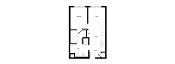A floor plan of a small apartment with a bedroom, living room, kitchen, bathroom, and entry.