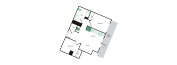 A floor plan of a house with two bedrooms, a living room, a kitchen, a bathroom, a deck/patio, and an entry point.