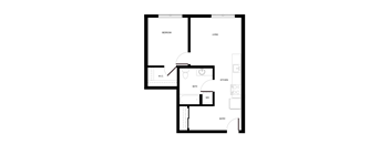 A floor plan of a house with a bedroom, living room, kitchen, bath, and entry.
