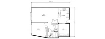 A floor plan of a house with a living room, two bedrooms, a bathroom, and a kitchen.