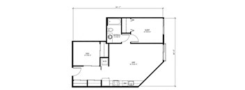 A floor plan of a room with a sleeping area, a den, a bathroom, and a laundry area.