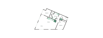 A floor plan of a house with a kitchen, two bedrooms, a bathroom, and a living room.