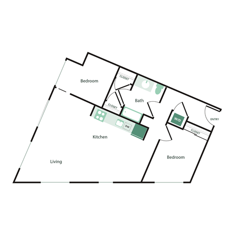 A floor plan of a house with a kitchen, two bedrooms, a bathroom, and a living room.