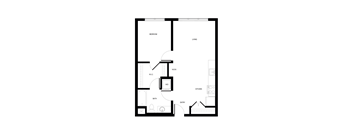 A floor plan of a house with a living room, bedroom, kitchen, bathroom, and entry.