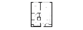 A black and white floor plan of a small apartment with a bedroom, living room, kitchen, bathroom, and entry.
