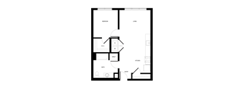 A floor plan of a small apartment with a bedroom, living room, kitchen, bathroom, and entry.