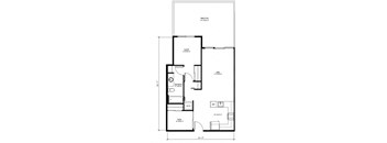 A floor plan of a small apartment with a sleeping area, a living room, a kitchen, and a bathroom.